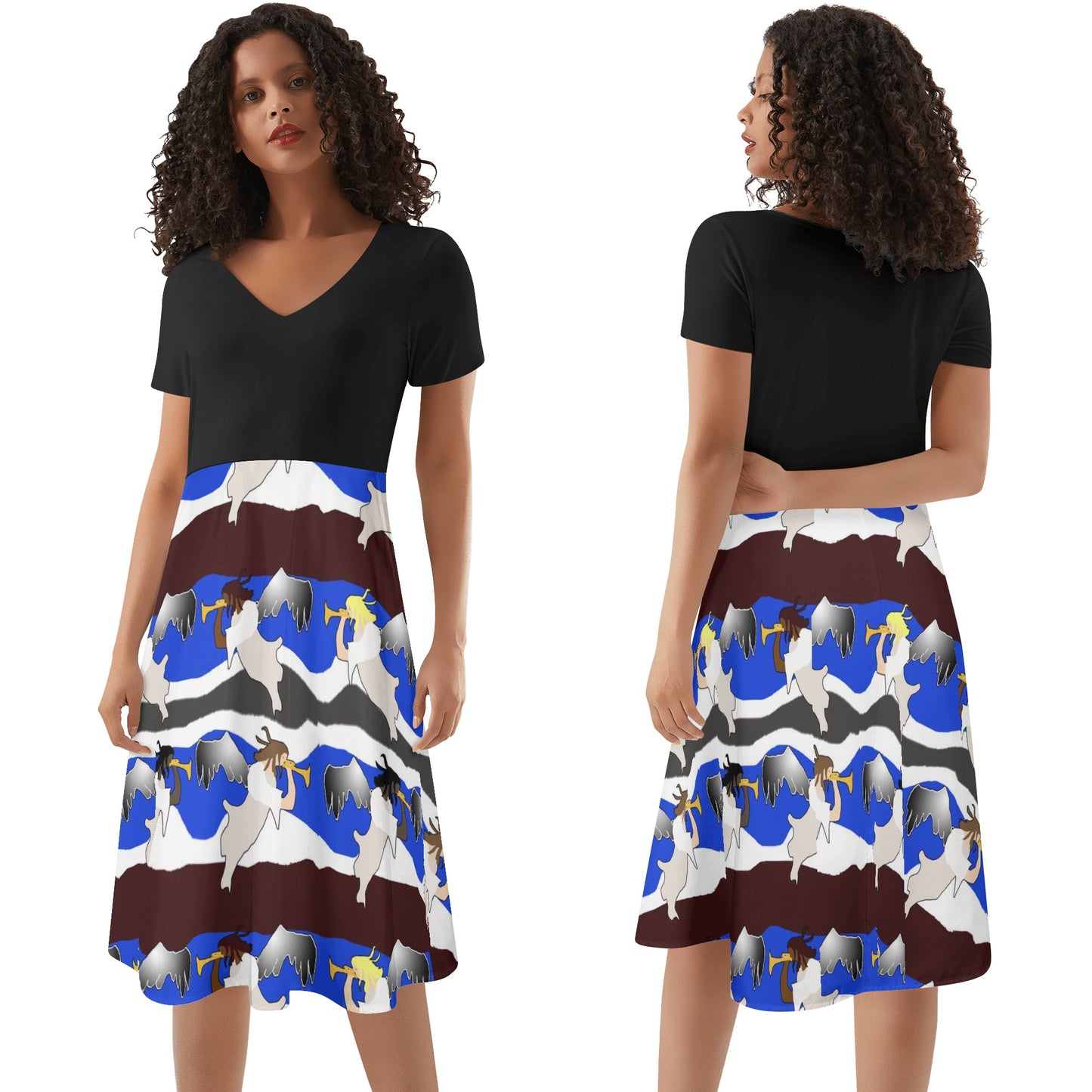 Angels Pattern Womens Black Ruffle Summer Dress