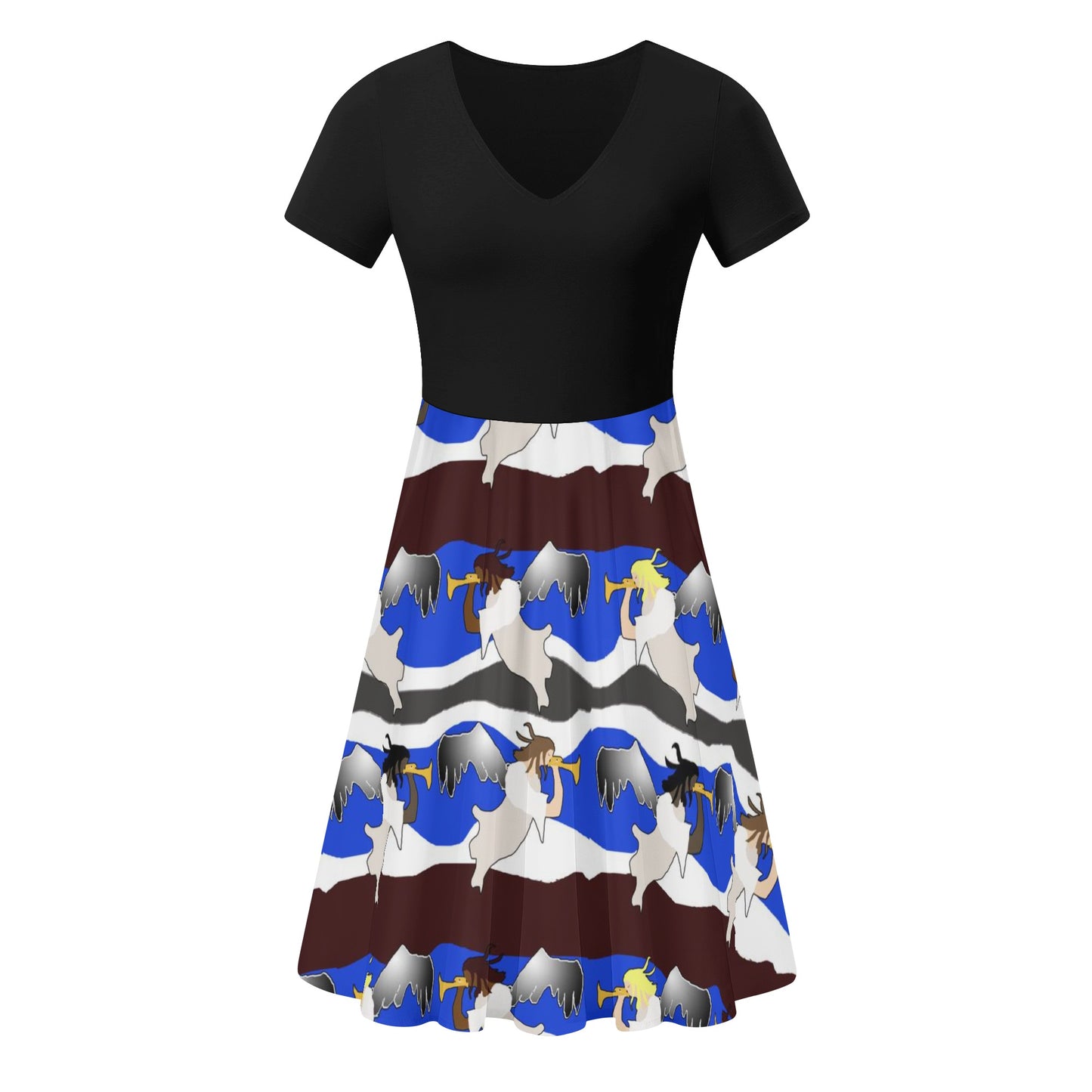 Angels Pattern Womens Black Ruffle Summer Dress