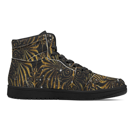 Black and Gold Victorian Sparkle Womens Black High Top Leather Sneakers