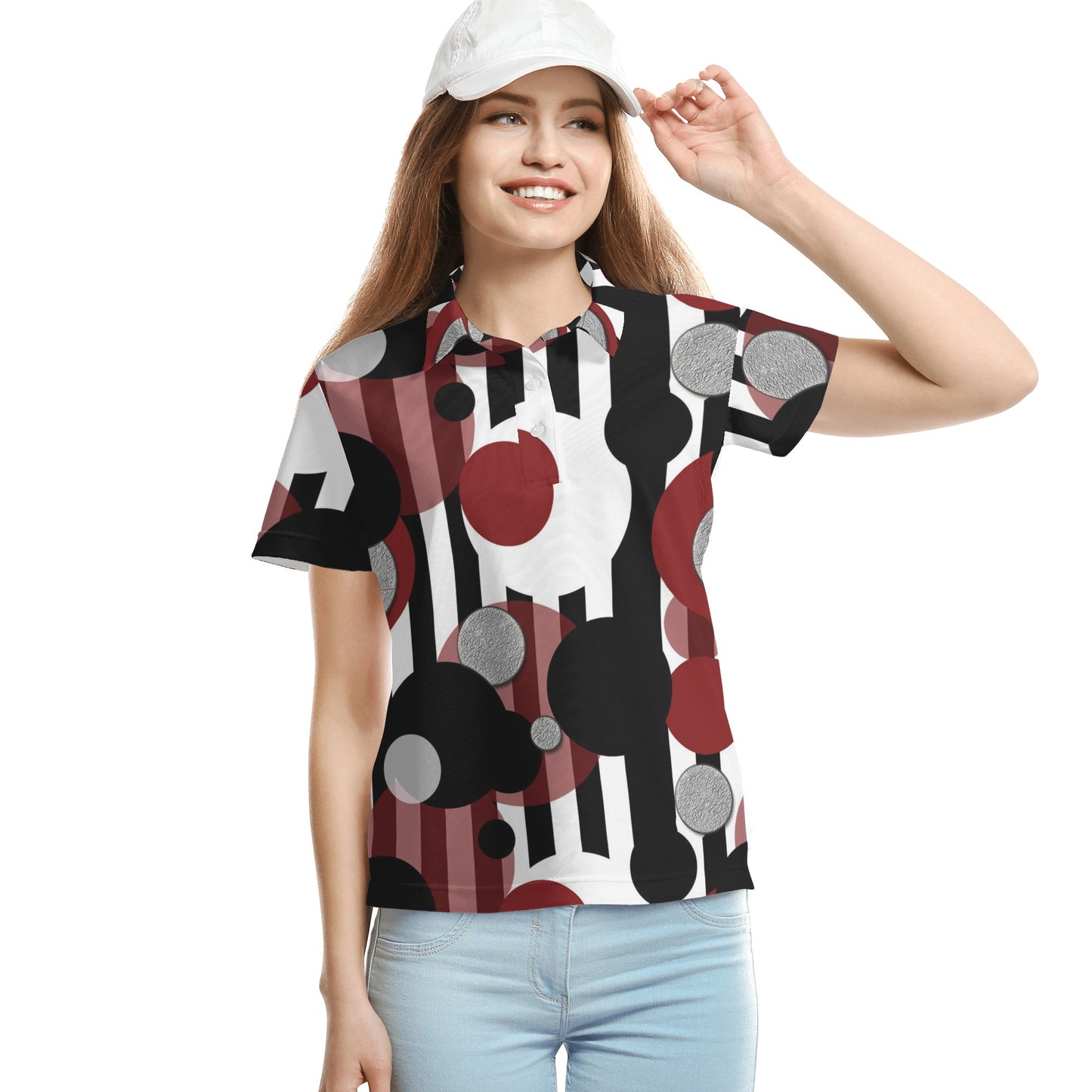 Black and White Stripes Red Dots Womens All Over Print Polo Shirt
