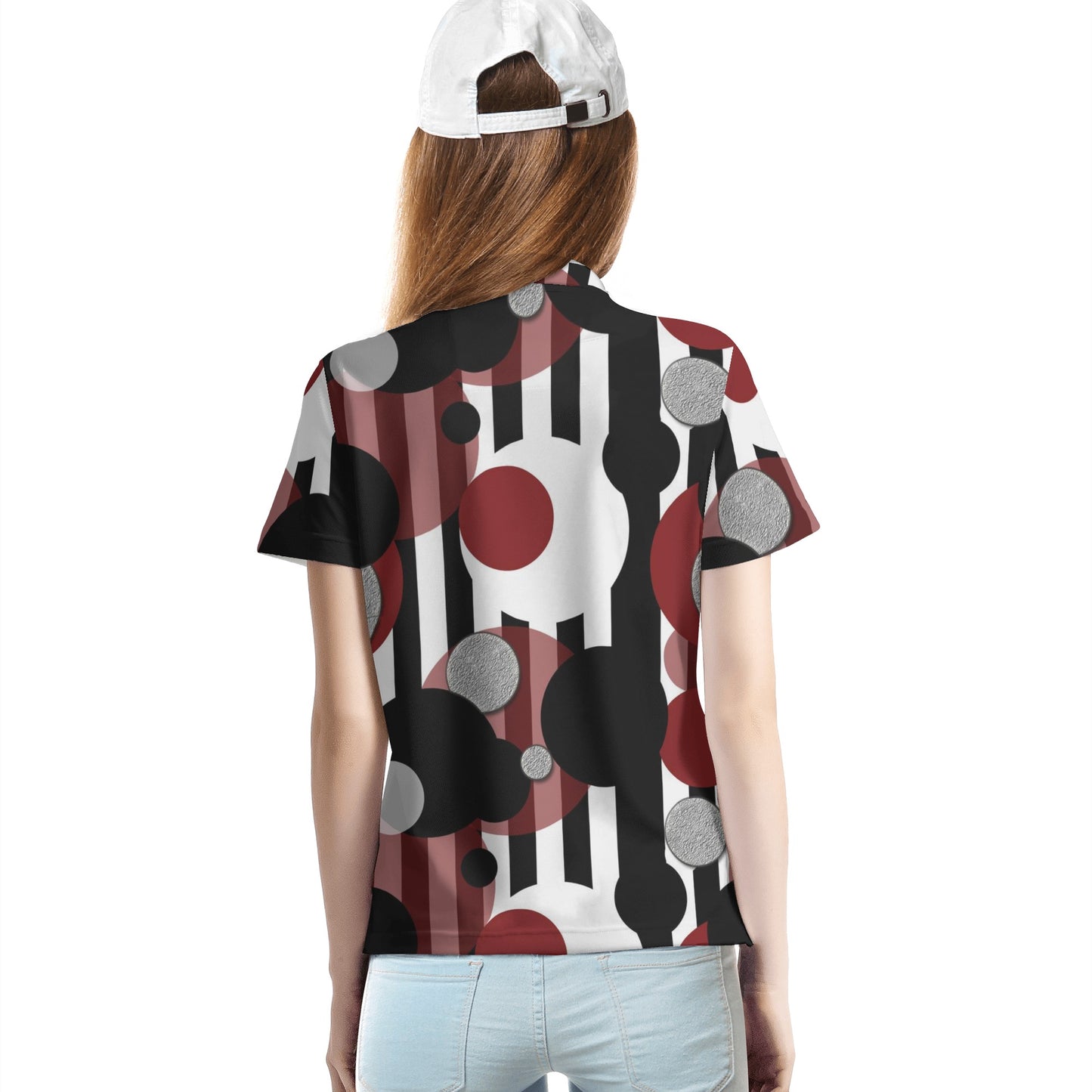 Black and White Stripes Red Dots Womens All Over Print Polo Shirt