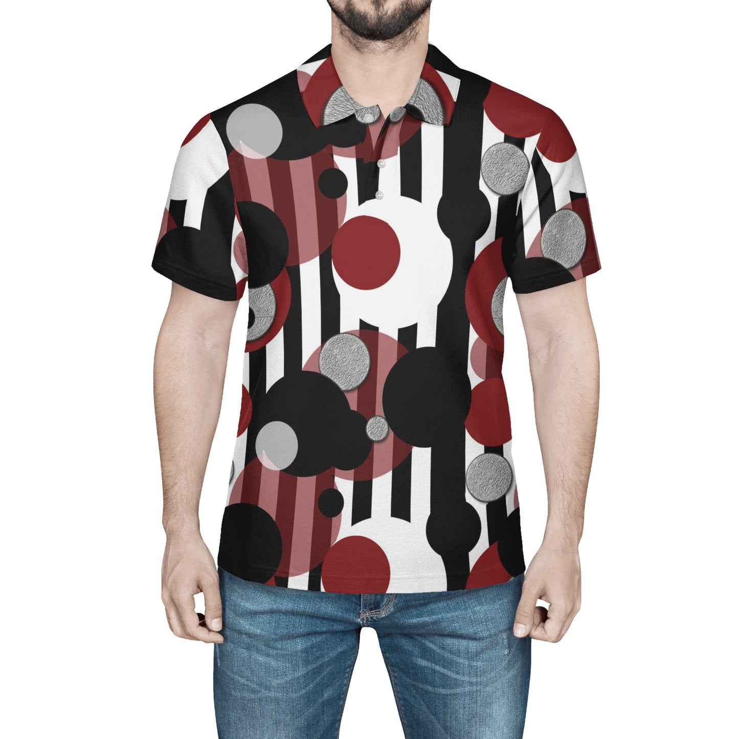Black and White Stripes Red Dots Mens All Over Print Polo Shirt