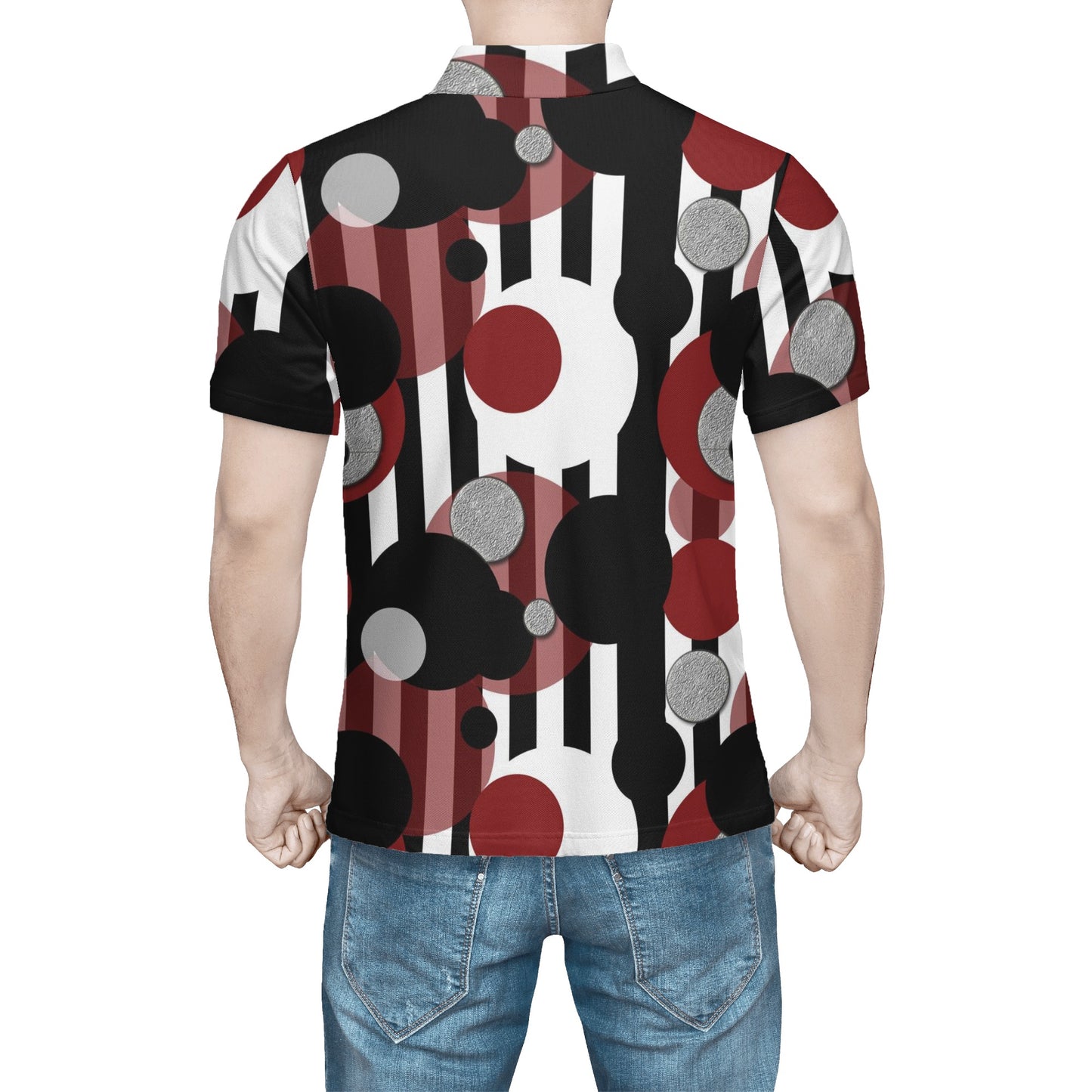 Black and White Stripes Red Dots Mens All Over Print Polo Shirt