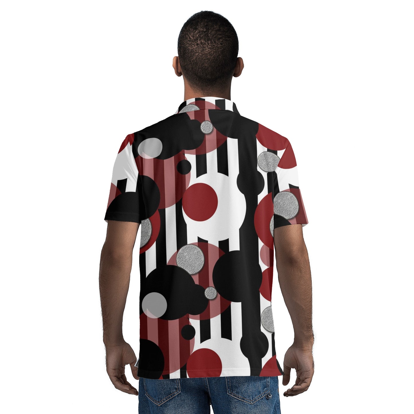 Black and White Stripes Red Dots Mens All Over Print Polo Shirt