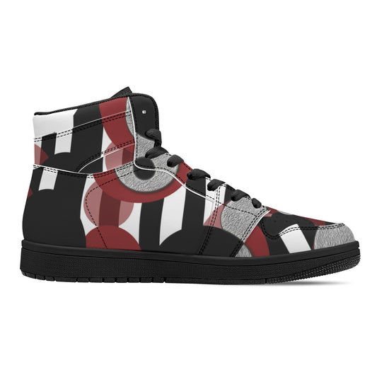 Black and White Stripes Red Dots Womens Black High Top Leather Sneakers