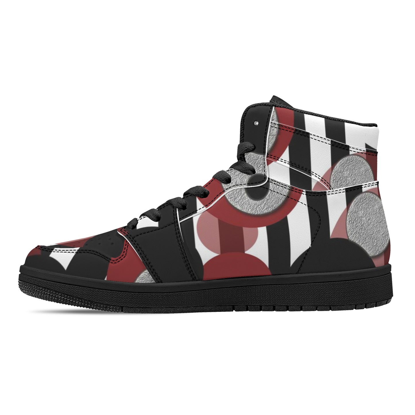 Black and White Stripes Red Dots Womens Black High Top Leather Sneakers