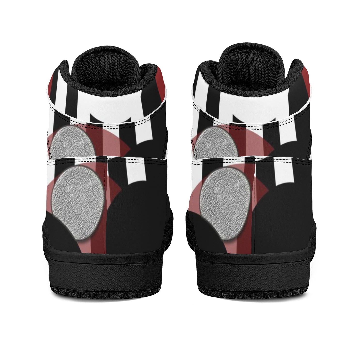 Black and White Stripes Red Dots Womens Black High Top Leather Sneakers