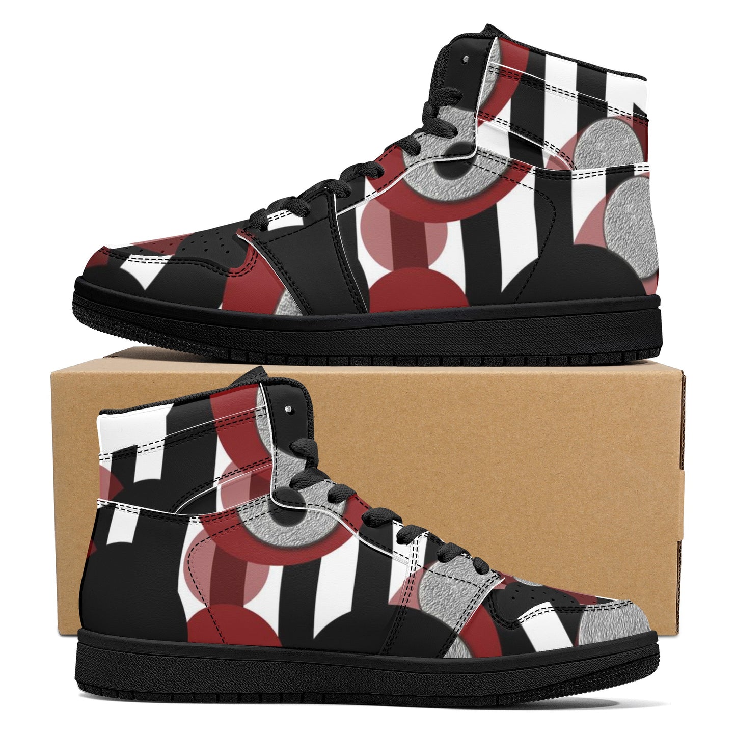 Black and White Stripes Red Dots Womens Black High Top Leather Sneakers