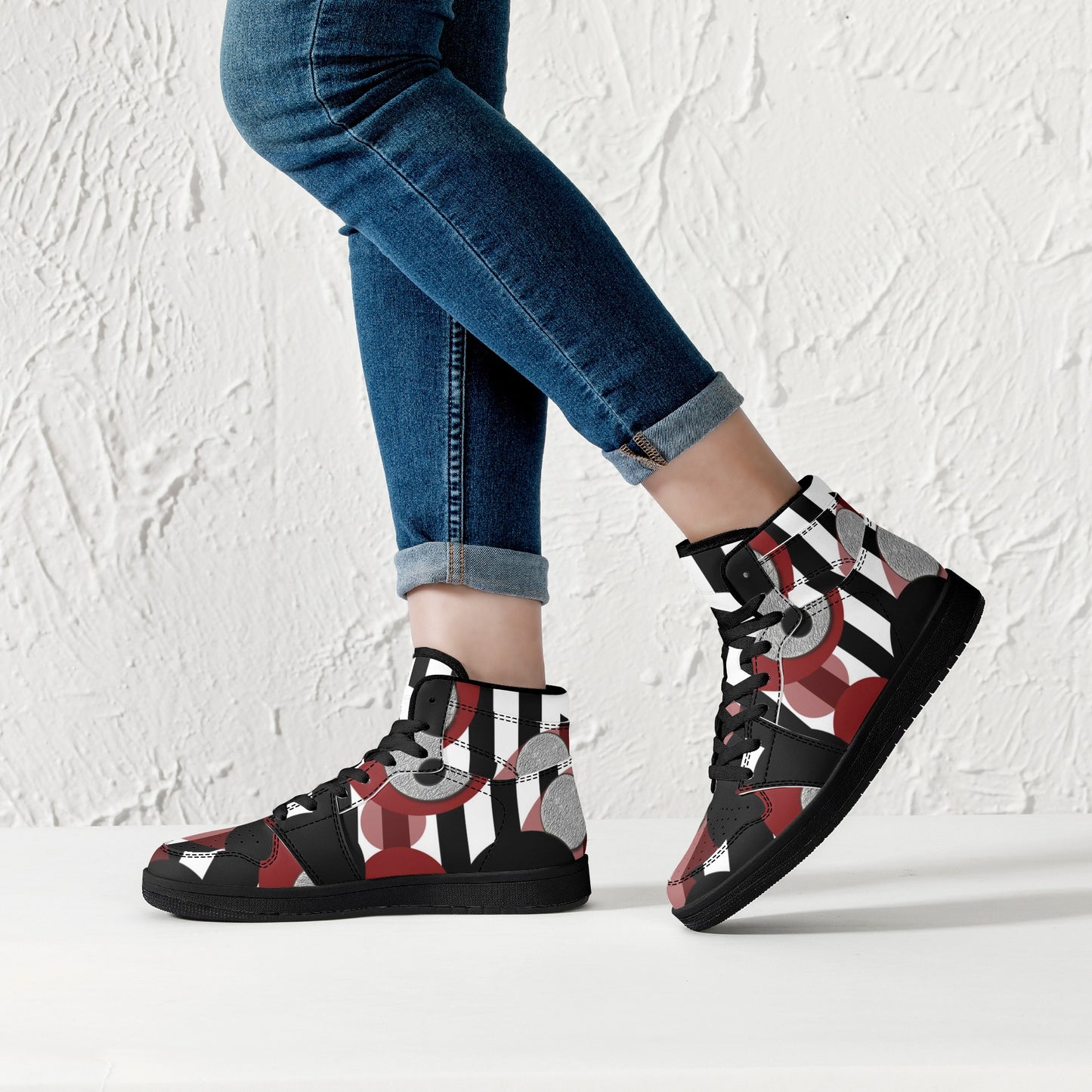 Black and White Stripes Red Dots Womens Black High Top Leather Sneakers