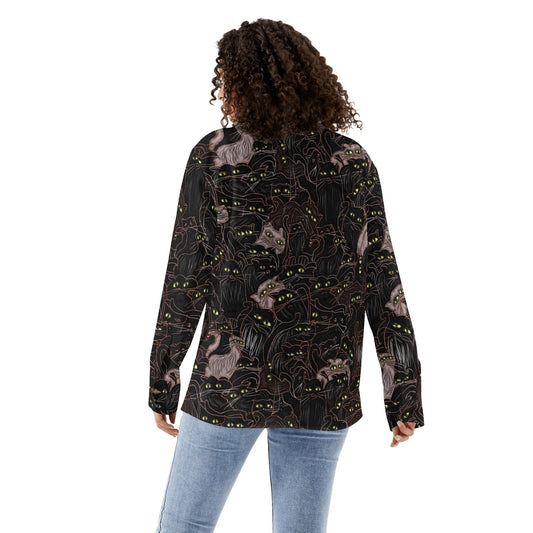 Black Cats Yellow Eyes Womens Long Sleeve Button Down Shirt