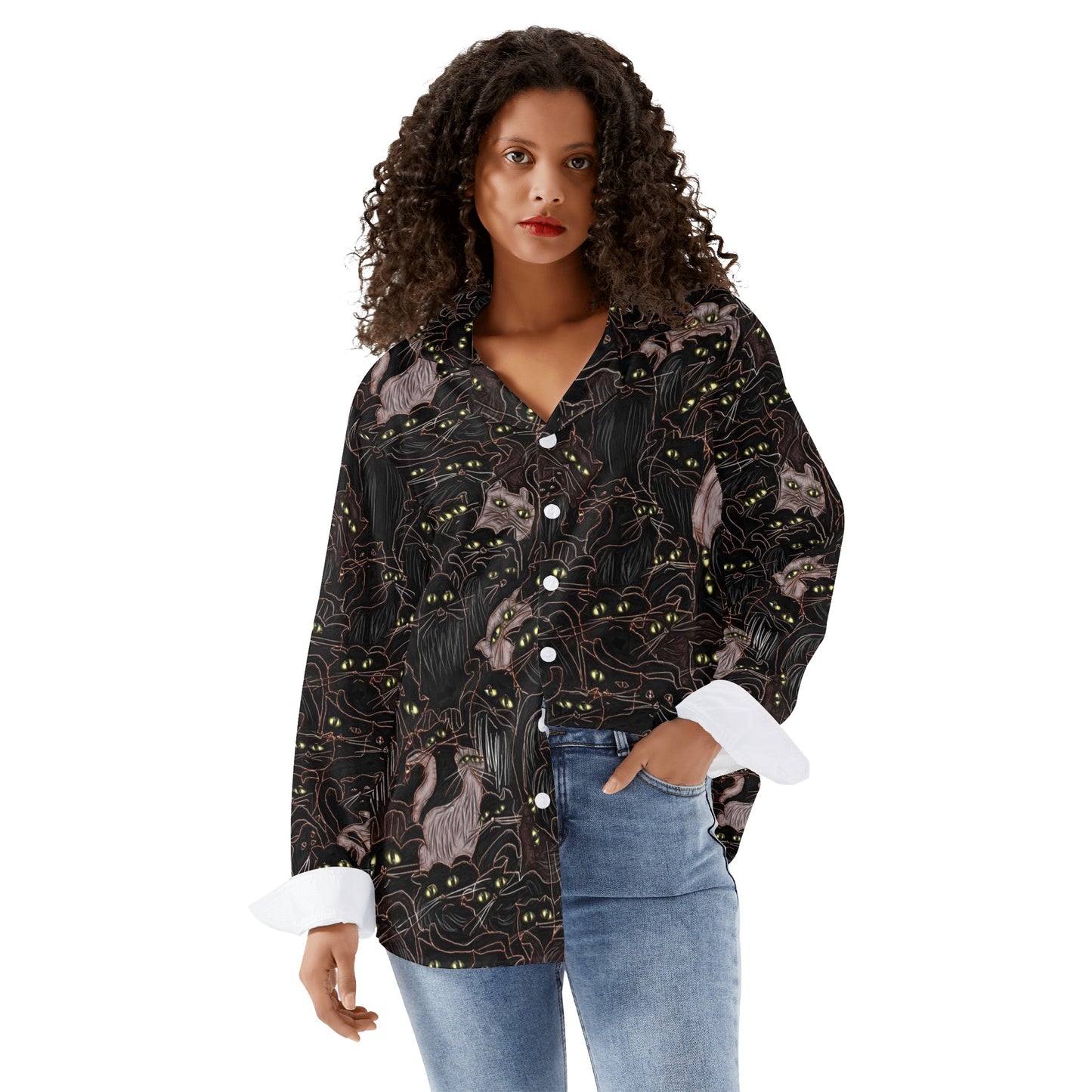 Black Cats Yellow Eyes Womens Long Sleeve Button Down Shirt