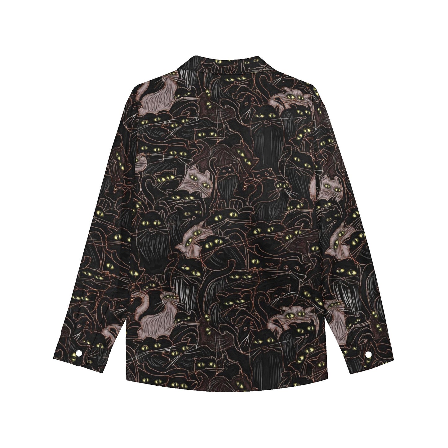 Black Cats Yellow Eyes Womens Long Sleeve Button Down Shirt