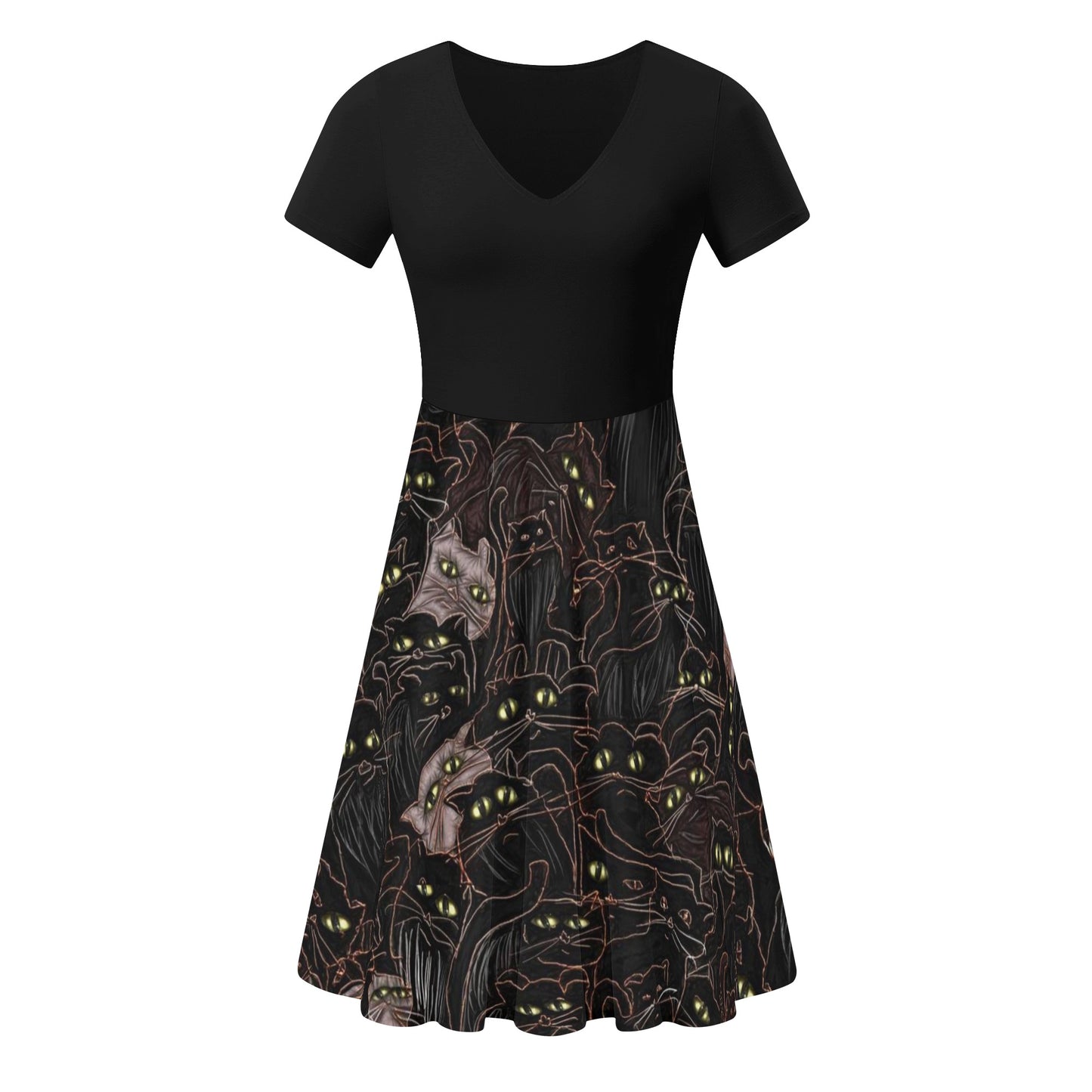 Black Cats Yellow Eyes Womens Black Ruffle Summer Dress
