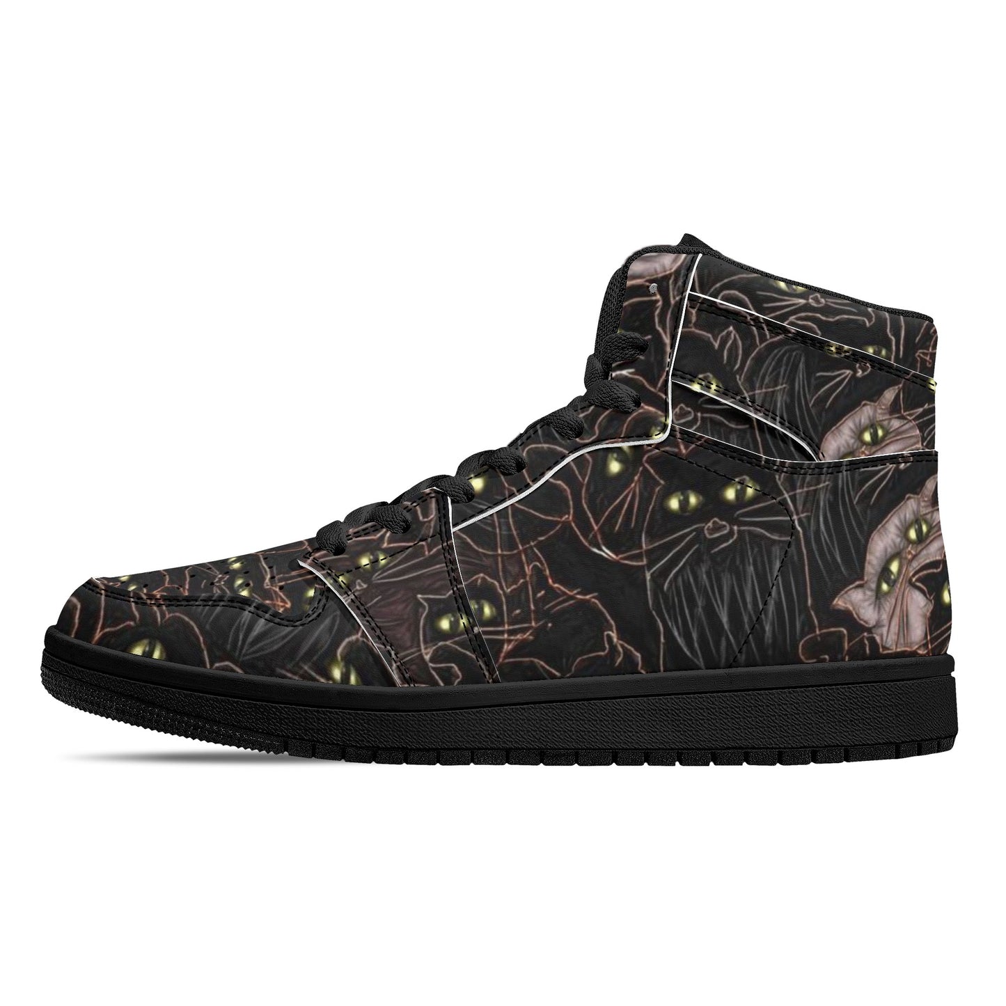 Black Cats Yellow Eyes Womens Black High Top Leather Sneakers