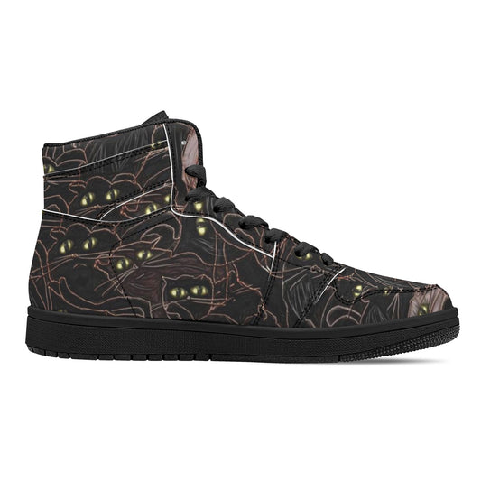 Black Cats Yellow Eyes Womens Black High Top Leather Sneakers