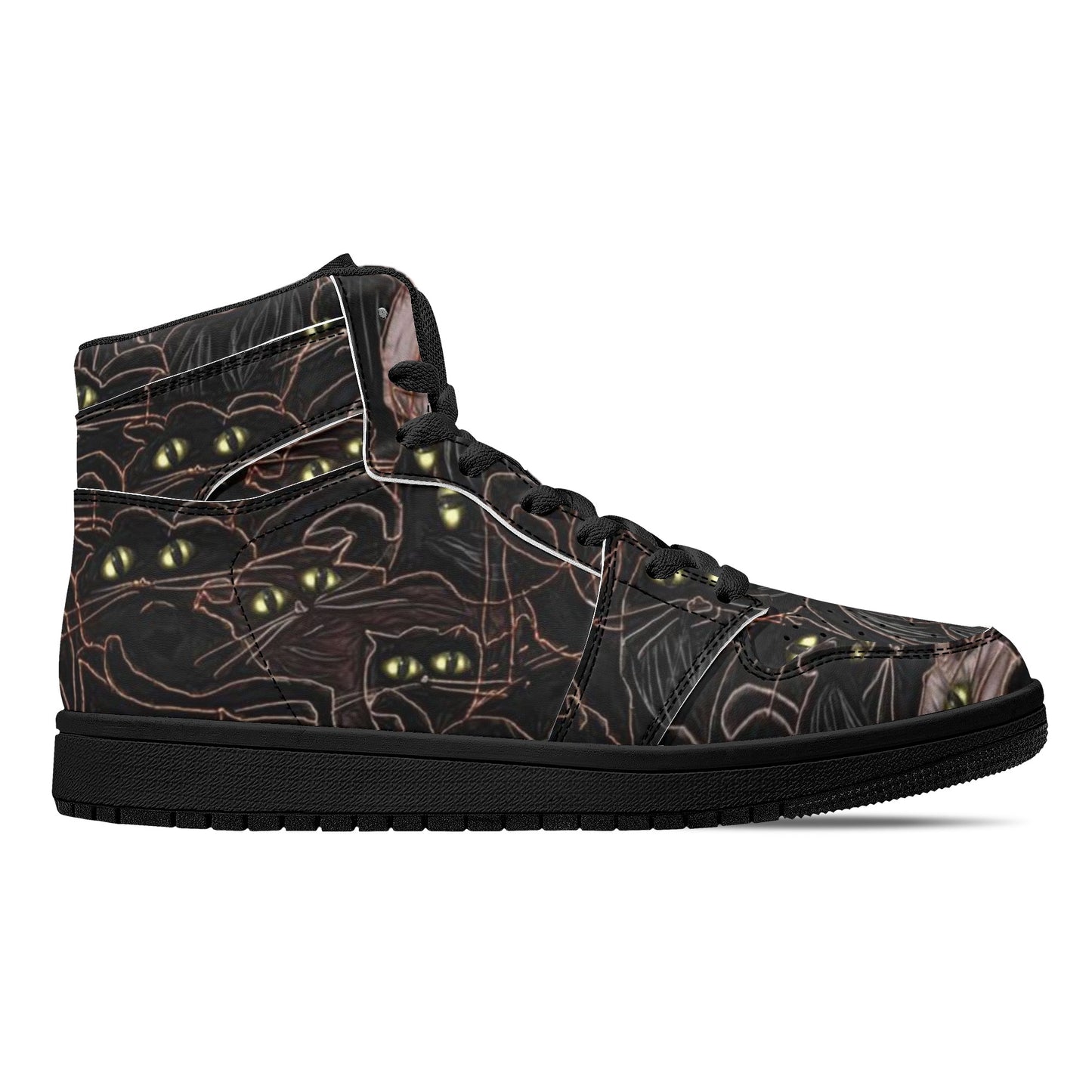 Black Cats Yellow Eyes Womens Black High Top Leather Sneakers