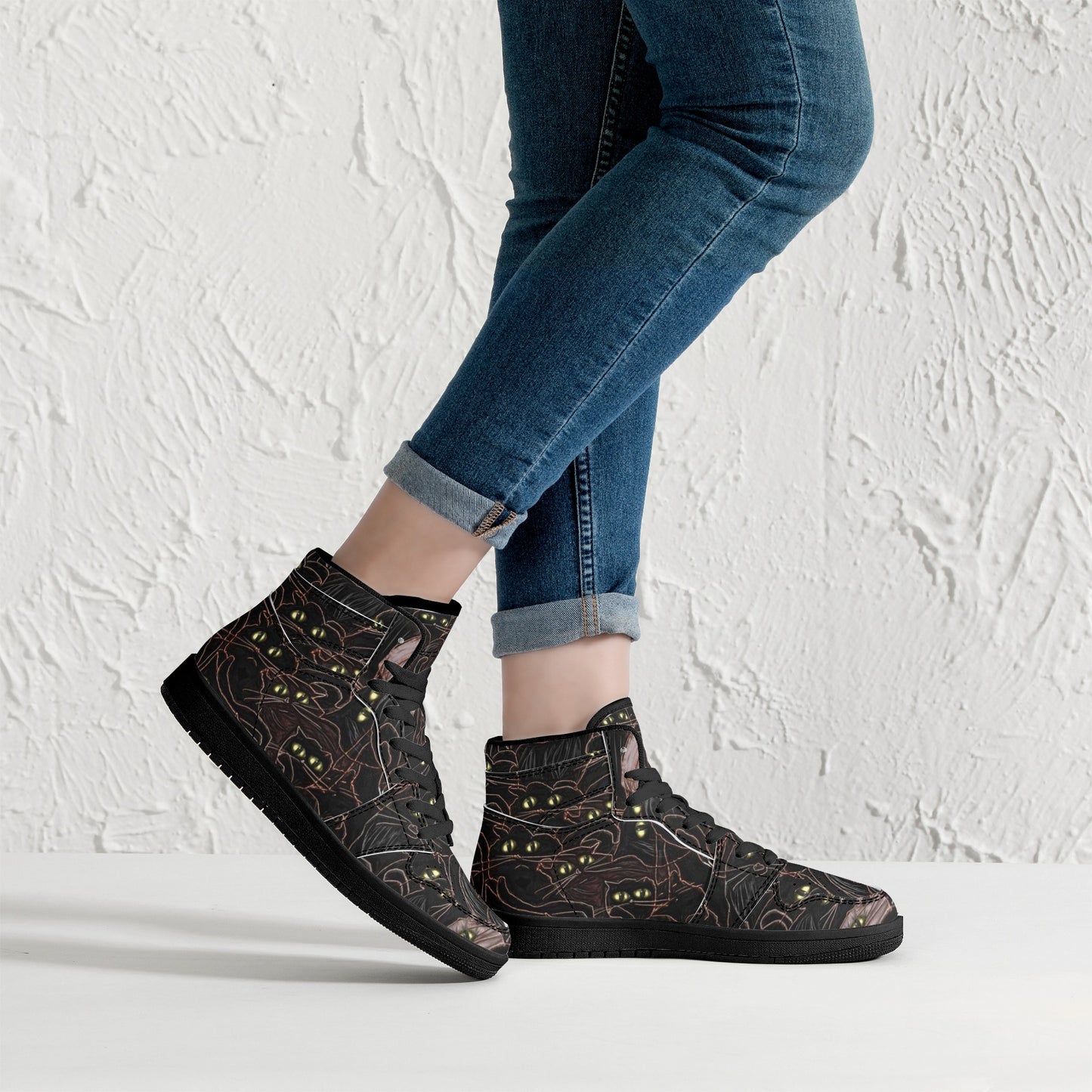 Black Cats Yellow Eyes Womens Black High Top Leather Sneakers