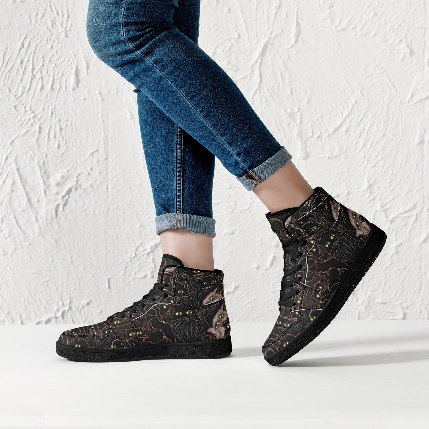 Black Cats Yellow Eyes Womens Black High Top Leather Sneakers