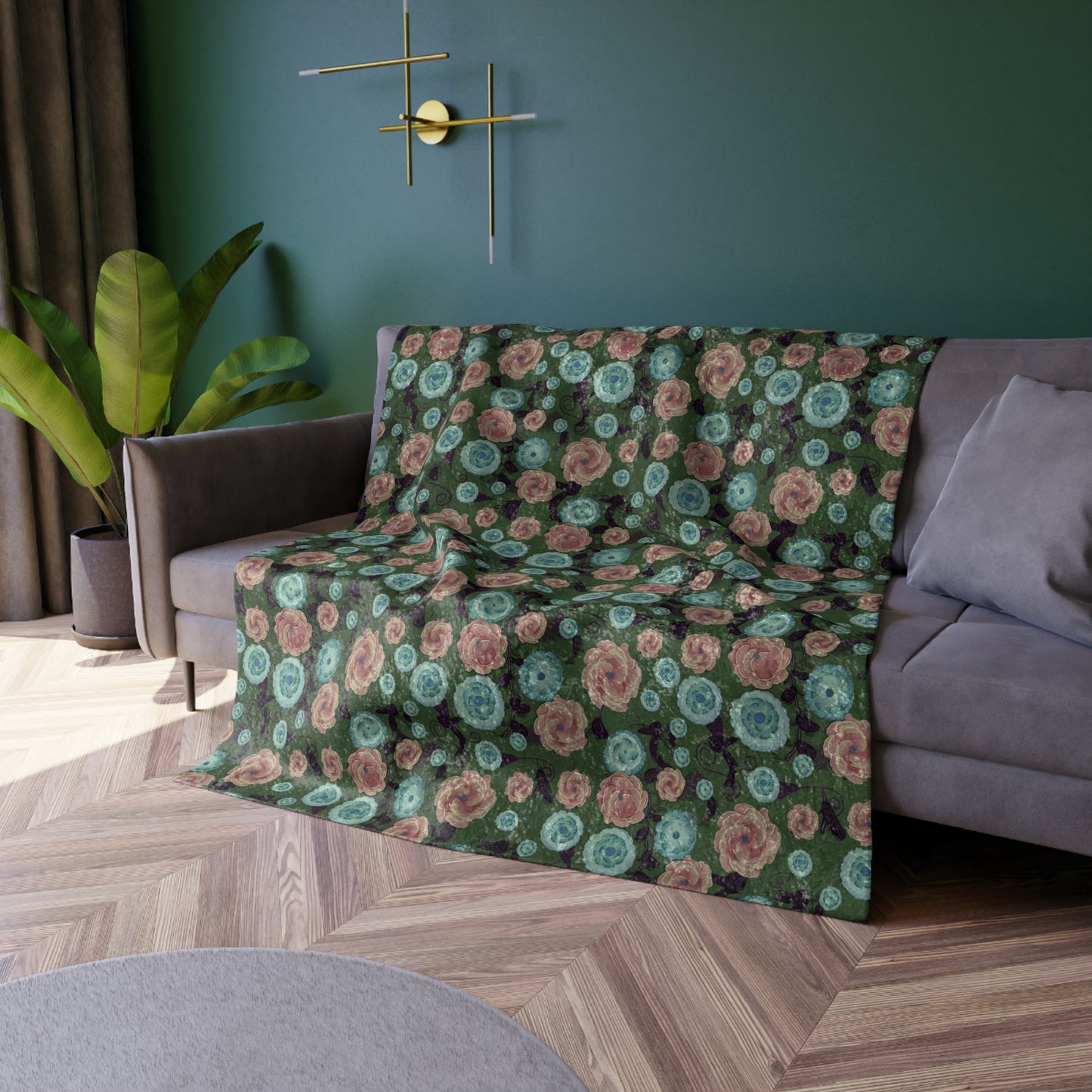 Earthy Peach and Turquoise Flower Pattern Crushed Velvet Blanket