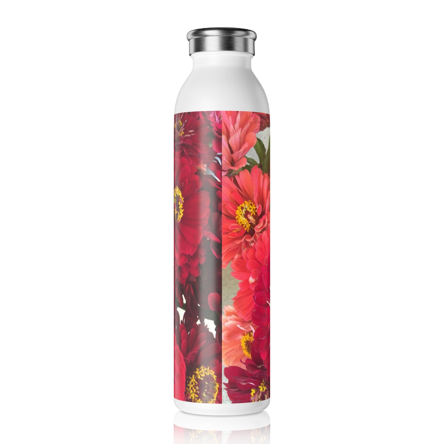 Peach and Pink Zinneas Slim Water Bottle - Stylish Hydration for Eco-Friendly Lifestyle, Summer Picnic, Fitness, Gift for Her, Floral Design