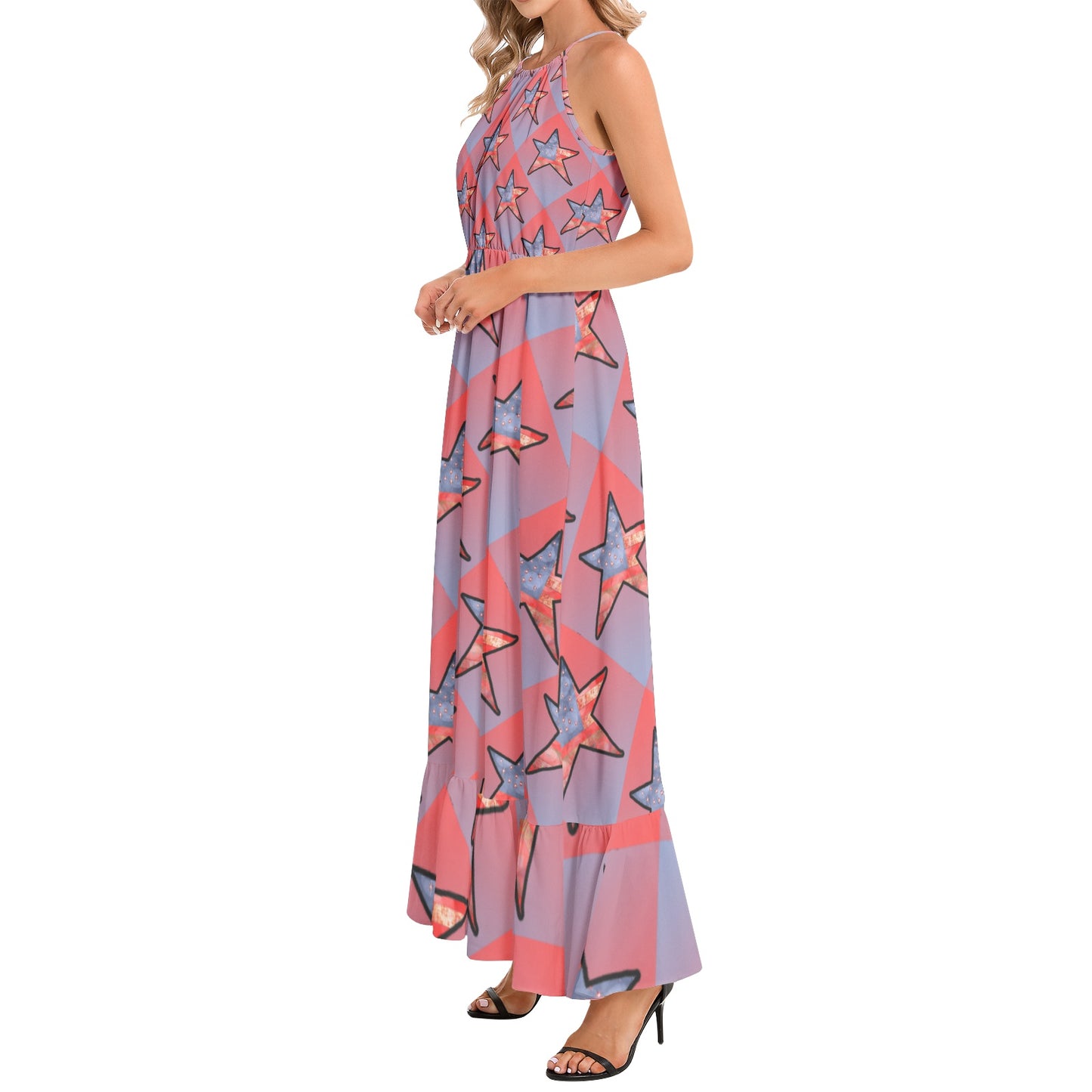 American Flag Star Ruffle Hem Halter Neck Maxi Dress