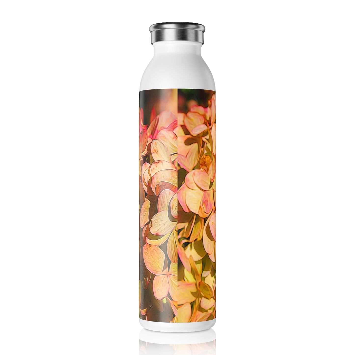 Pink and Cream Hydrangeas Slim Water Bottle - Eco-Friendly Hydration, Travel Mug, Workout Companion, Summer Essential, Gift for Nature Lovers