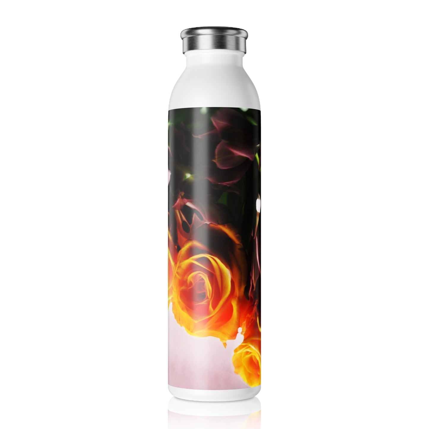 Mini Orange Roses on Pink Slim Water Bottle - Stylish Eco-Friendly Hydration, Gift for Nature Lovers, Travel, Exercise, Fitness, Summer Collection