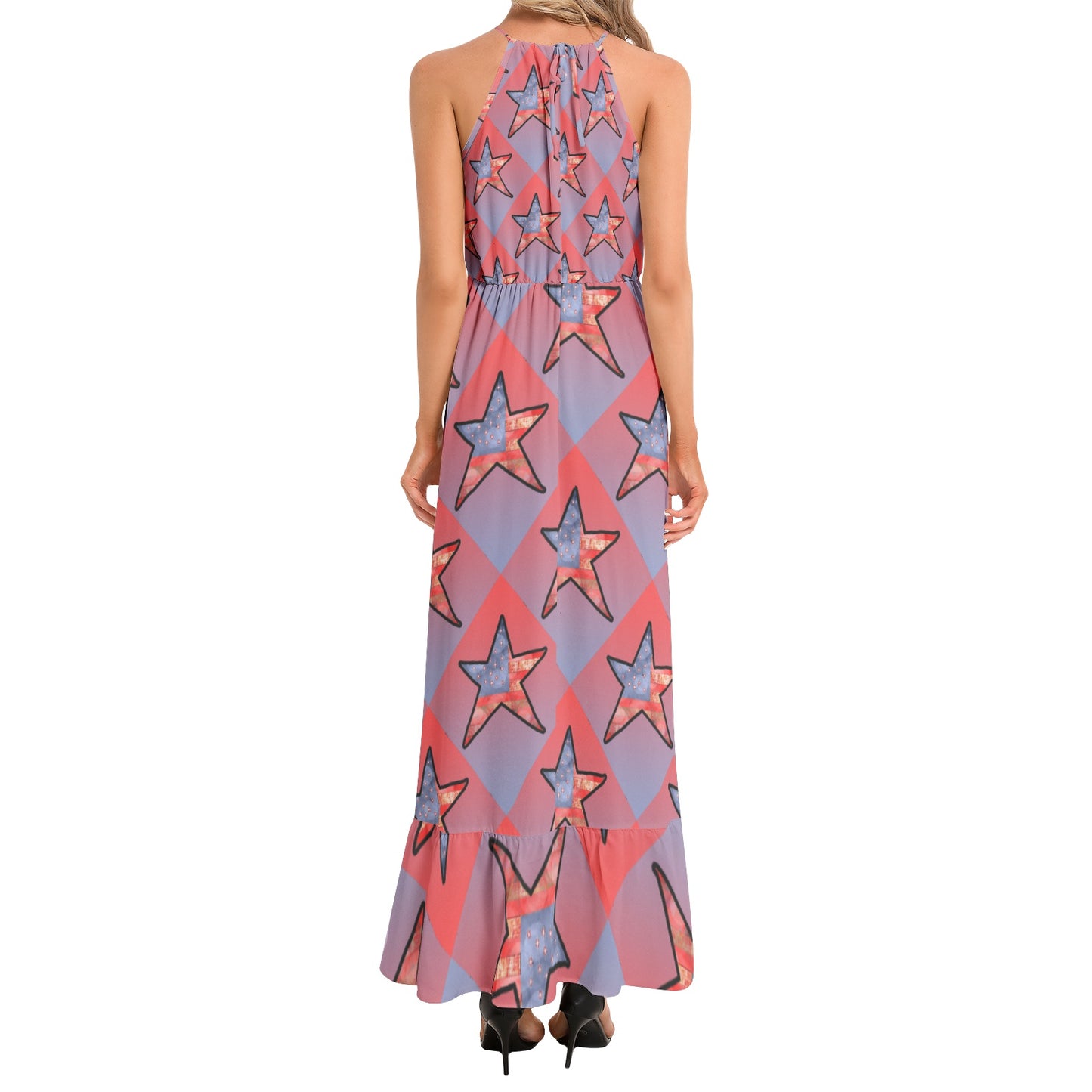 American Flag Star Ruffle Hem Halter Neck Maxi Dress