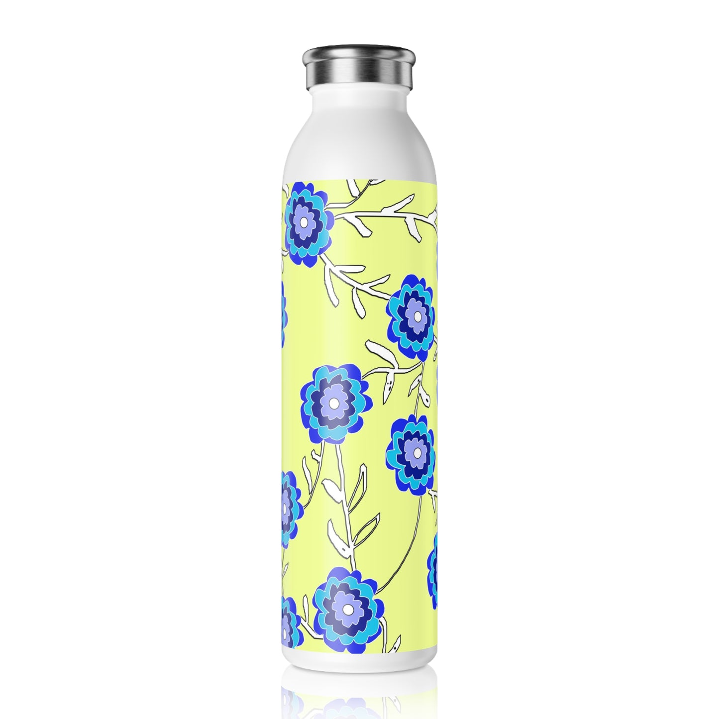 Blue Flowers On Yellow Slim Water Bottle | Eco-Friendly Drinkware, Gift for Her, Summer Hydration, Travel Accessory, Yoga Essentials