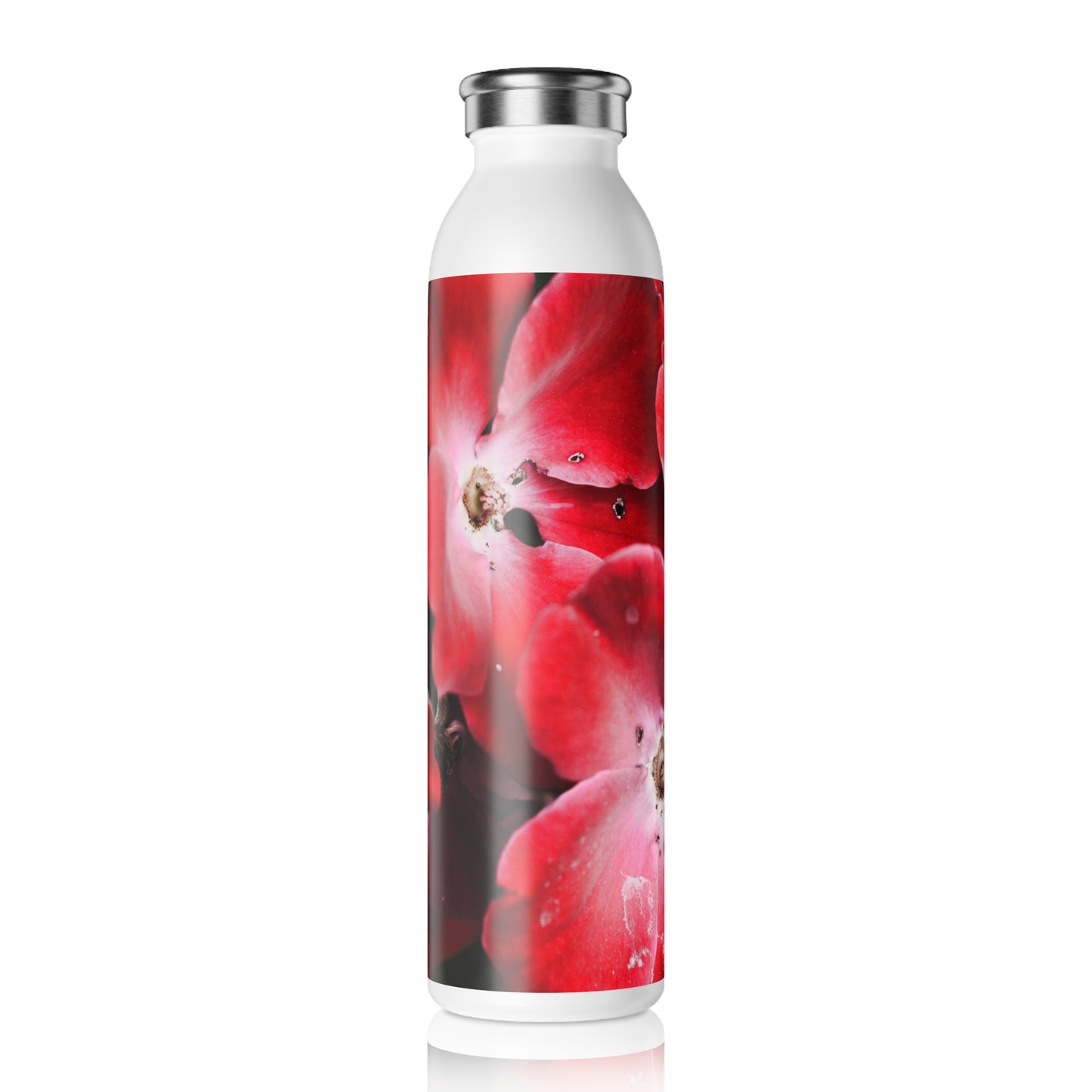 Bright Red Flowers Slim Water Bottle, Eco-Friendly Drinkware, Red Flower Design, Hydration Gift for Her, Summer Accessory, Gym Bottle