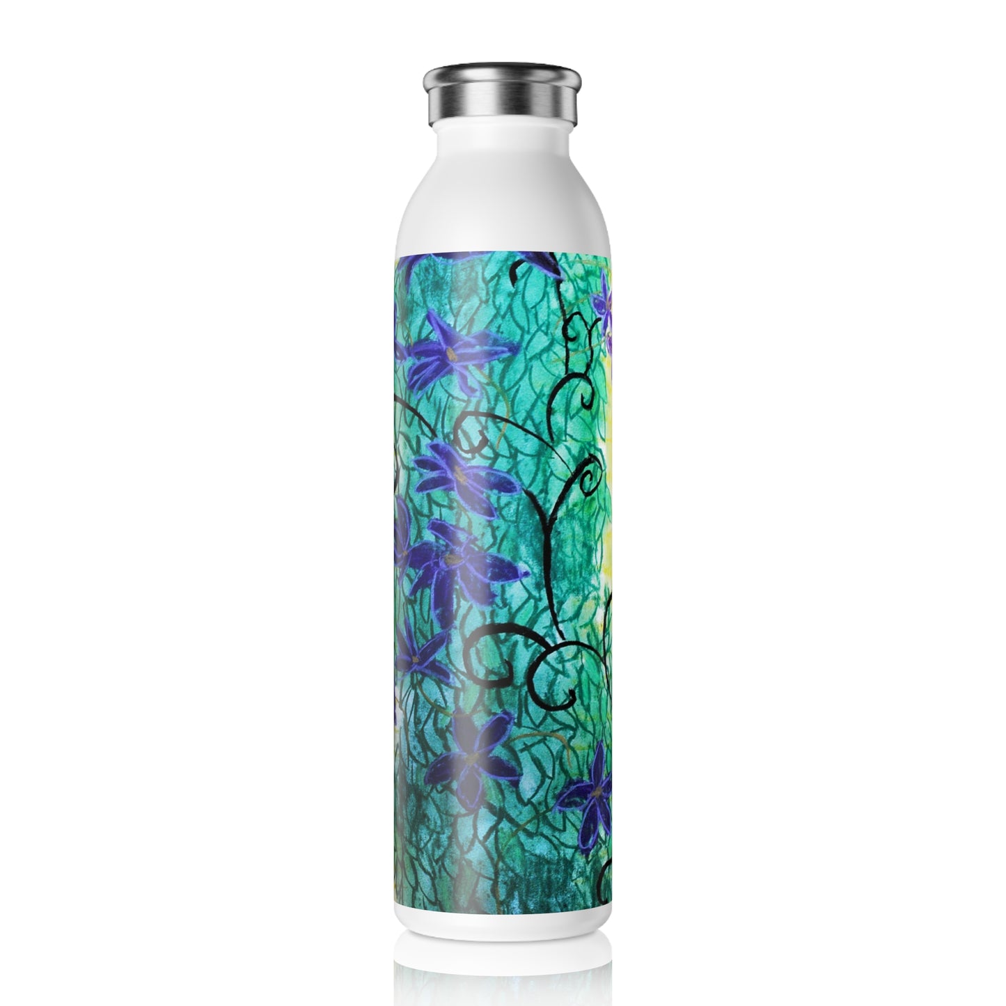 Climbing Purple Vines Slim Water Bottle, Floral Design Water Bottle, Eco-Friendly Drinkware, Reusable Water Bottle, Nature Lover Gift, Vibrant Hydration