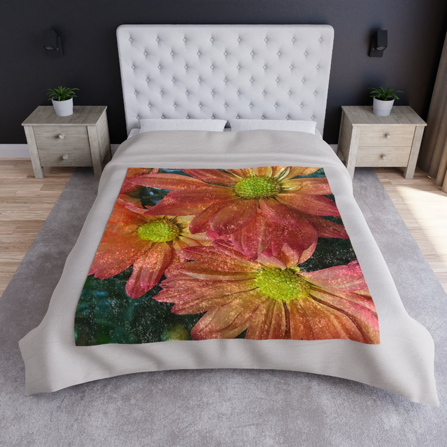 Cream and Pink Three Flowers Crushed Velvet Blanket