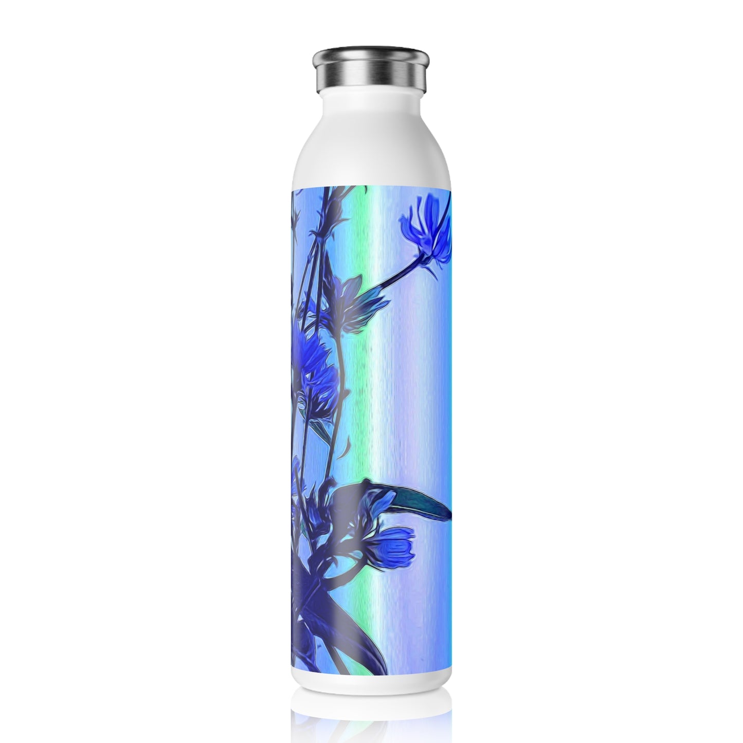 Blue Wildflowers With Backlight Slim Water Bottle with Floral Design, Eco-Friendly Hydration, Gift for Nature Lovers, Sports Water Bottle, Trendy Drinkware