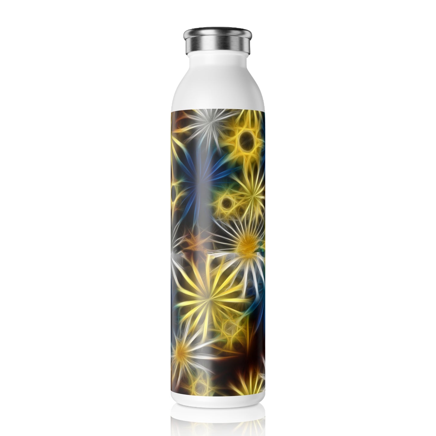 Blue and Yellow Glowing Daisies Floral Slim Water Bottle | Eco-Friendly Hydration, Travel Companion, Fitness Gift, Outdoor Adventure, Summer Essential