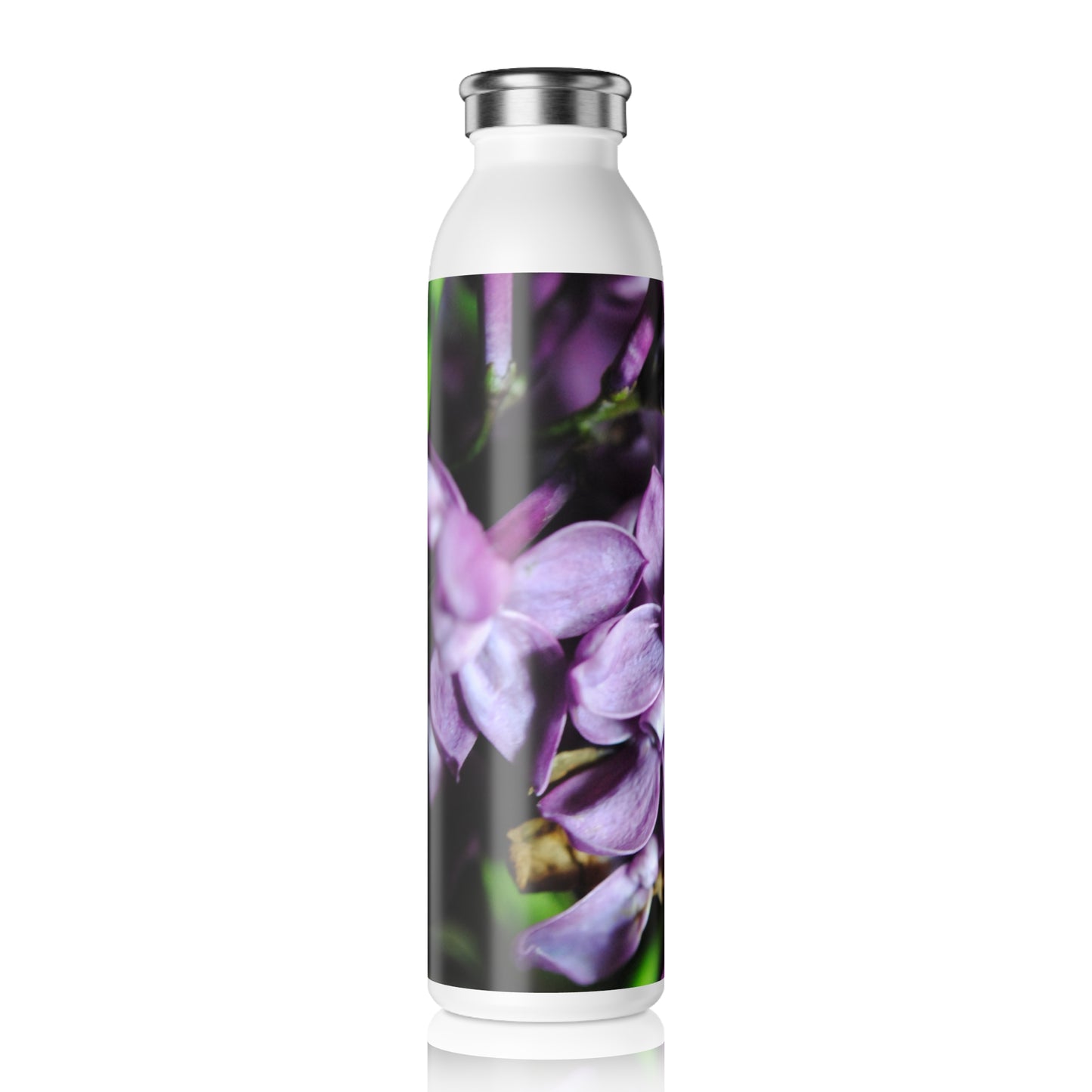 Macro Lilacs Slim Water Bottle, Purple Flower Design, Eco-Friendly Hydration, Gift for Nature Lovers, Reusable Stylish Drinkware