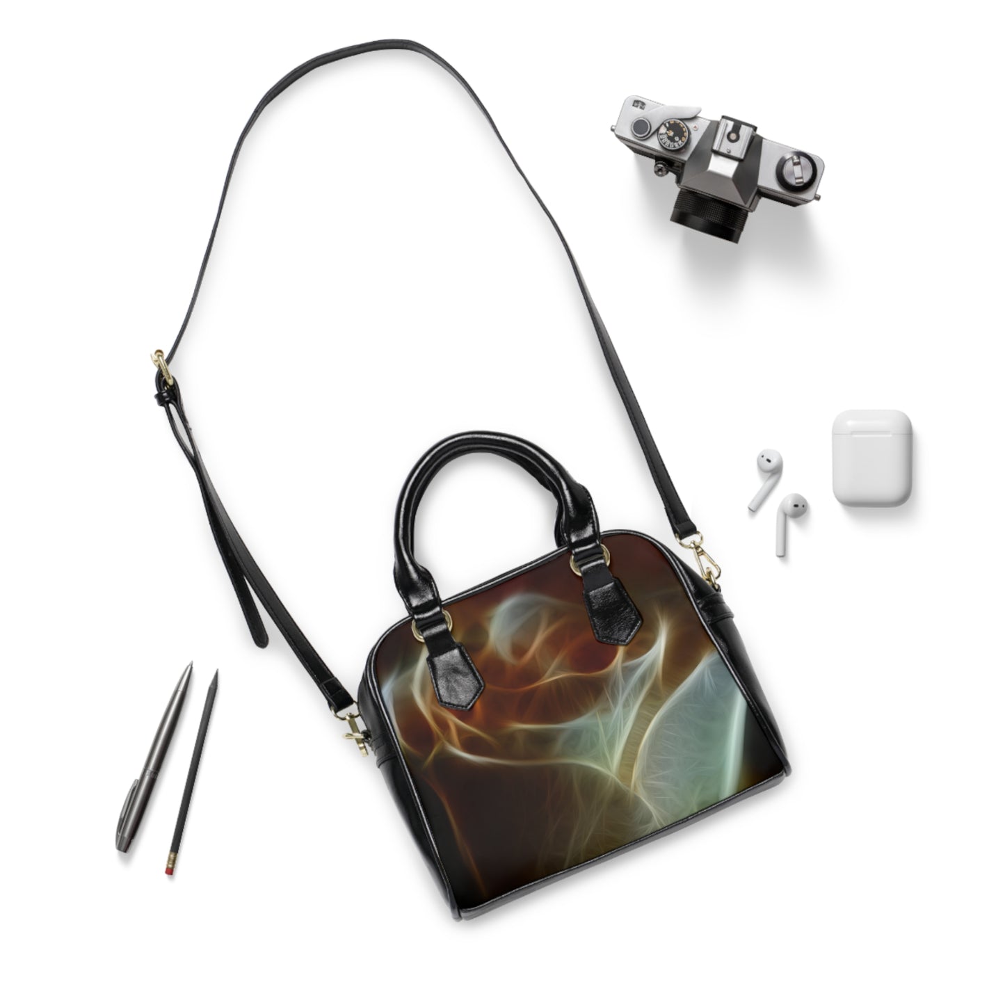 Cream and Amber Rose Shoulder Handbag