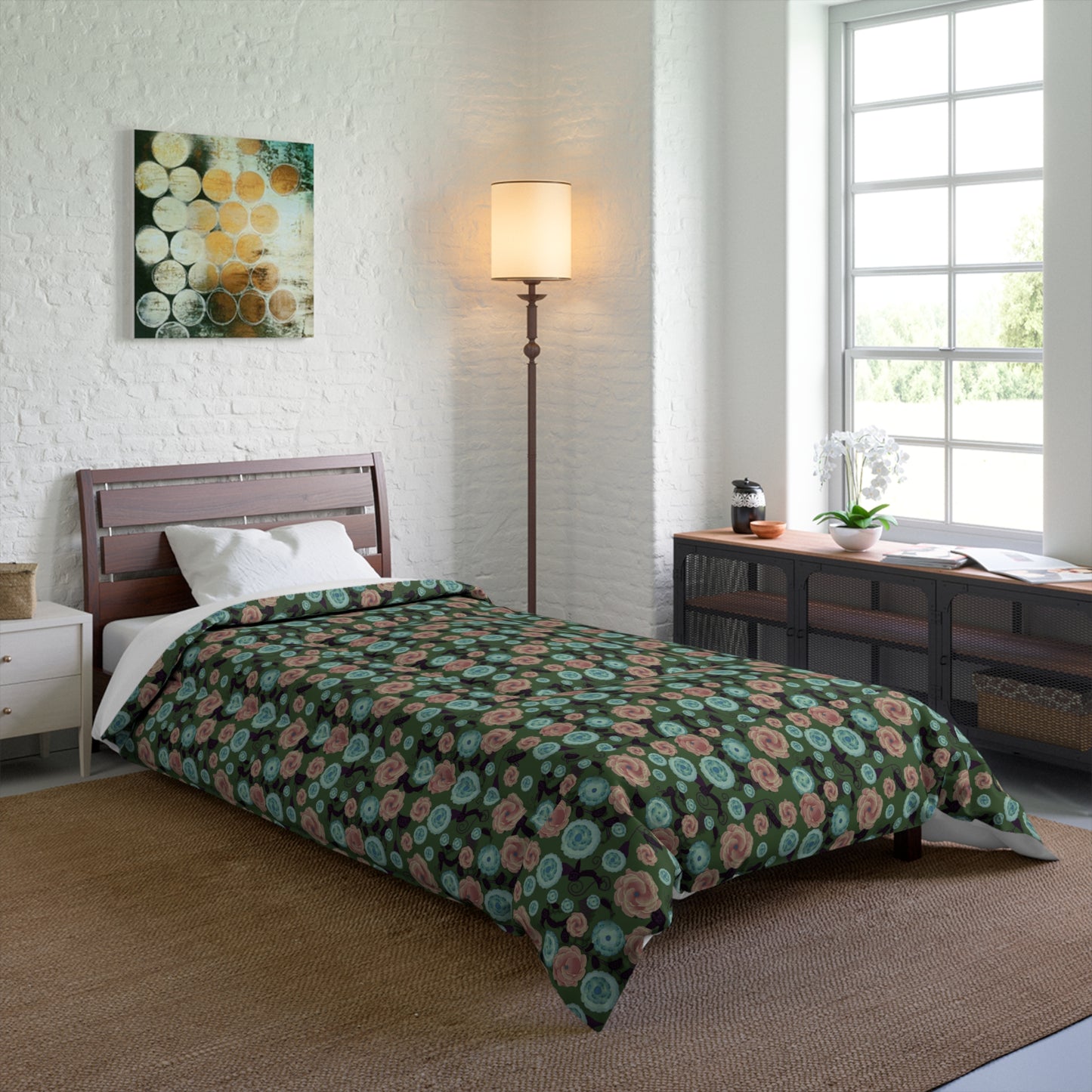 Earthy Peach and Turquoise Flower Pattern Comforter