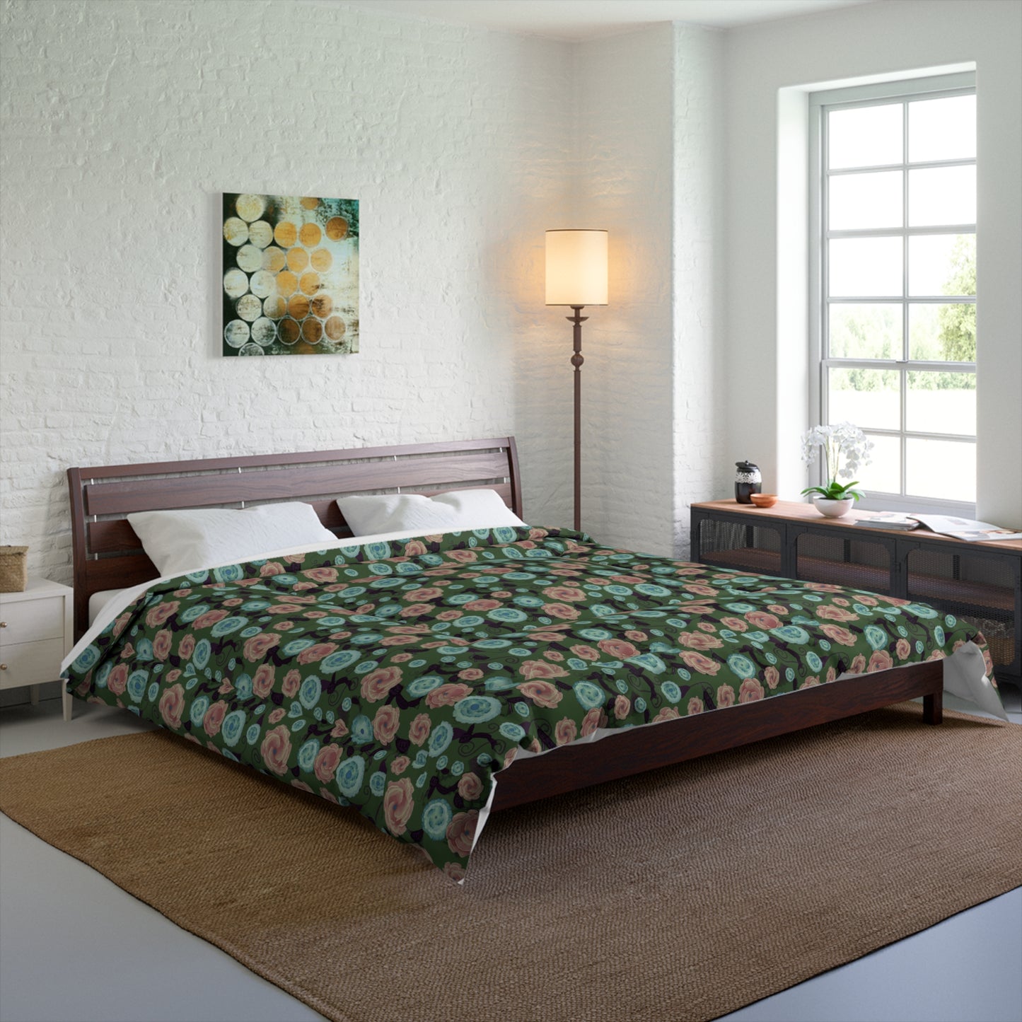 Earthy Peach and Turquoise Flower Pattern Comforter