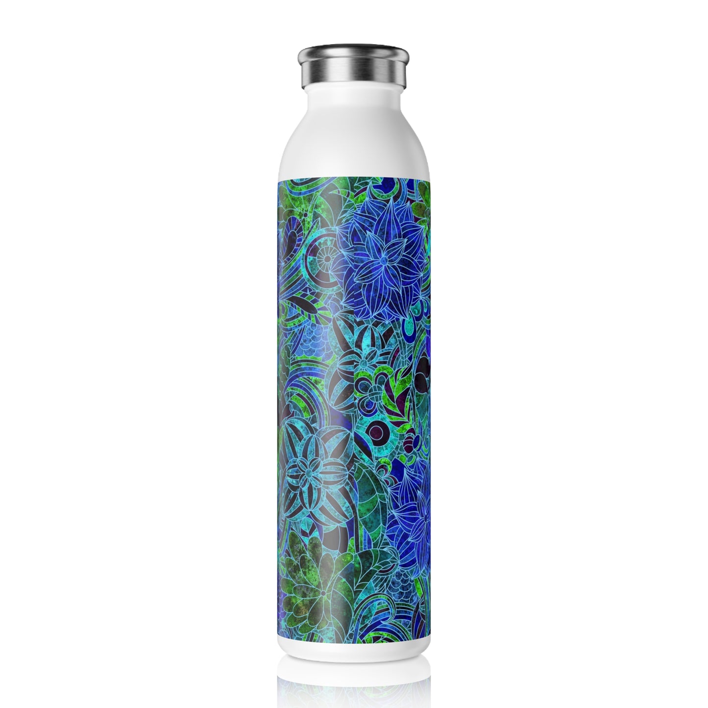 Blue Green Flower Pattern Slim Water Bottle - Eco-Friendly Hydration, Reusable Drink Container, Travel Mug, Gift for Nature Lovers, Yoga and Fitness