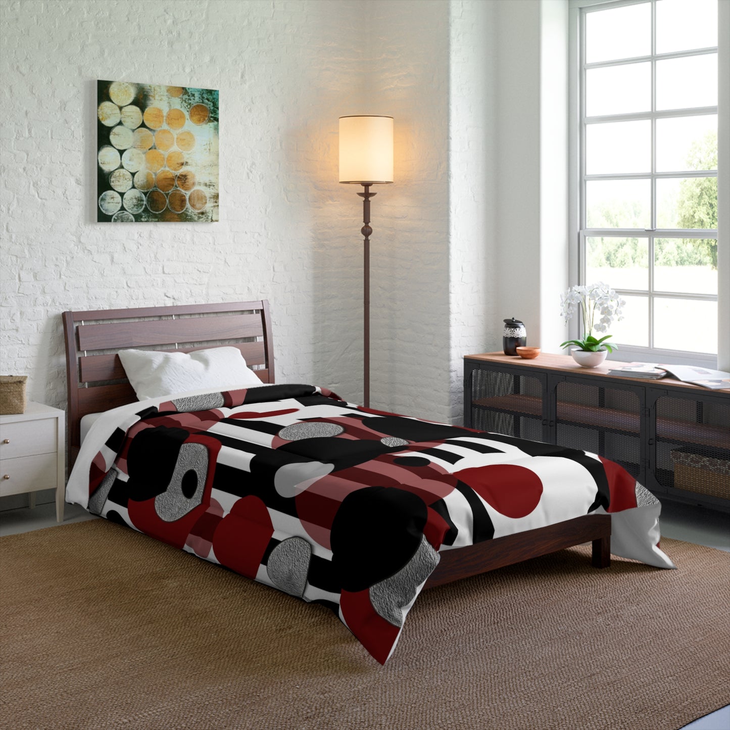 Comforter — Modern Abstract Circles & Stripes Comforter (Red, Black, Gray)