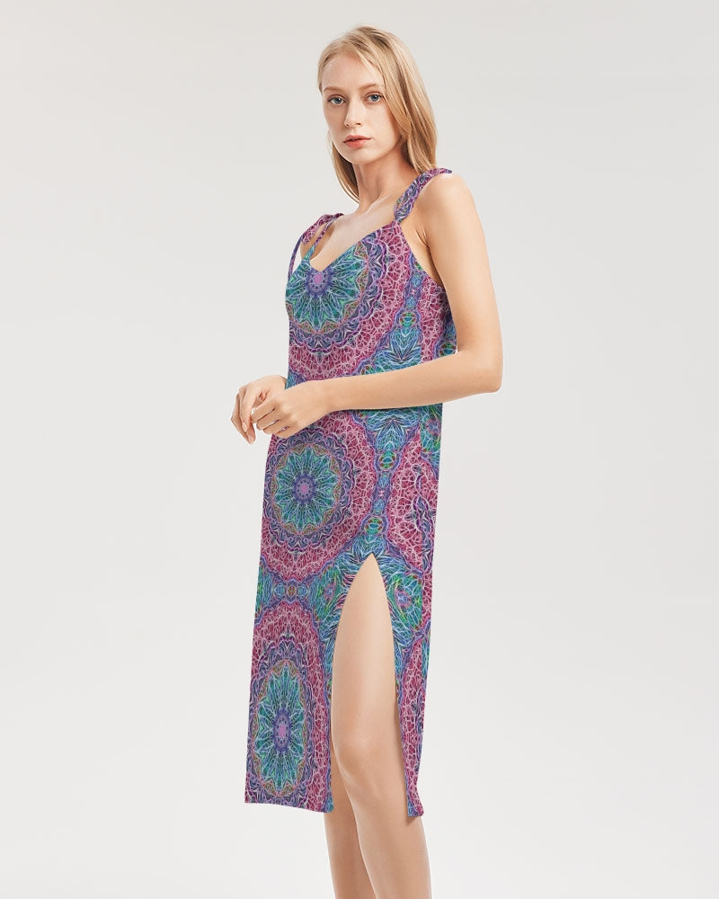 Blue Red Snowflake Kaleidoscope Women's All-Over Print Tie Strap Split Dress
