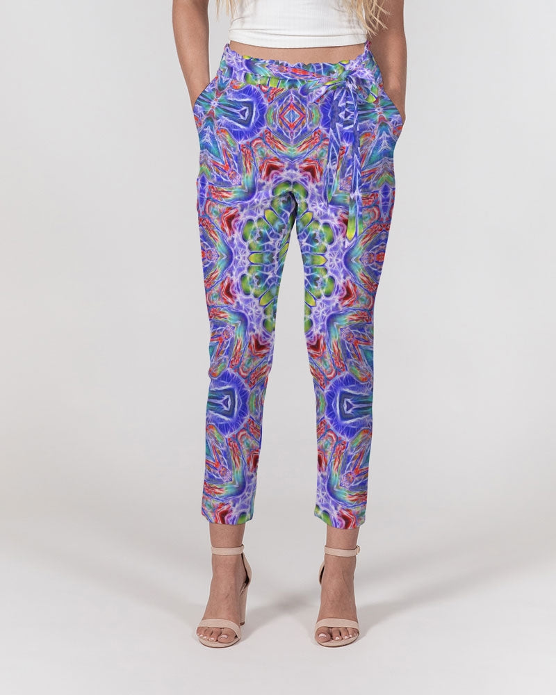 Blue Red Kaleidoscope Women's All-Over Print Belted Tapered Pants