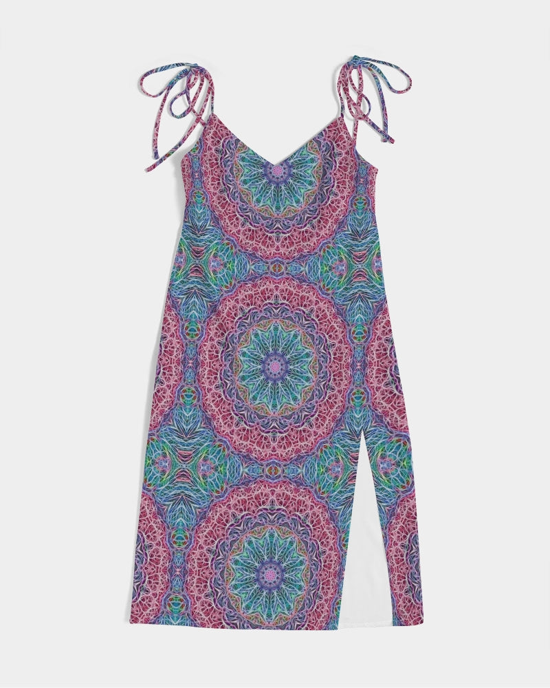 Blue Red Snowflake Kaleidoscope Women's All-Over Print Tie Strap Split Dress