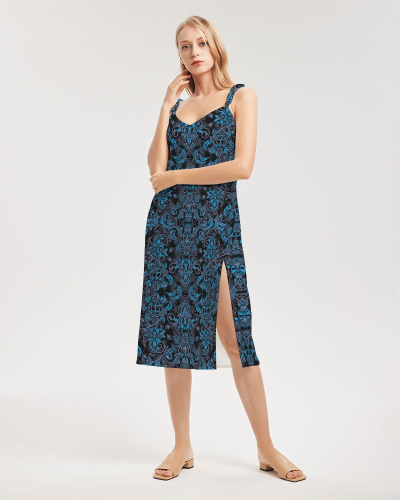 Blue Vines and Lace Women's All-Over Print Tie Strap Split Dress