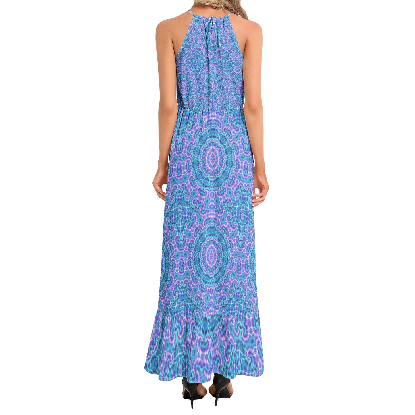 Blue and Purple Tie Dye Kaleidoscope Ruffle Hem Halter Neck Maxi Dress