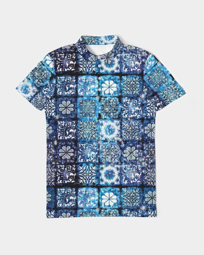 Blue Ice Crystals Motif Men's All-Over Print Slim Fit Short Sleeve Polo