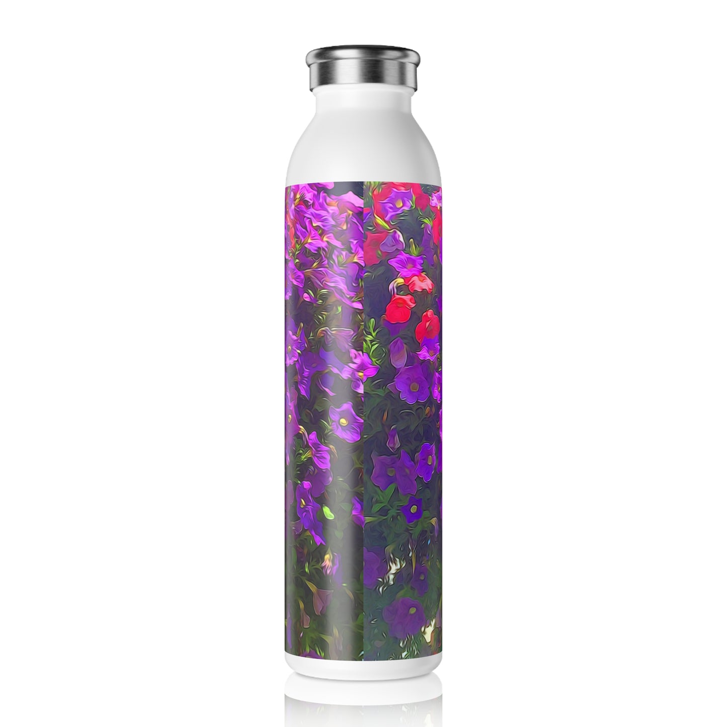 Pile of Petunias Slim Water Bottle - Eco-Friendly Hydration, Perfect for Fitness, Travel, Gifts, Summer, Gardening