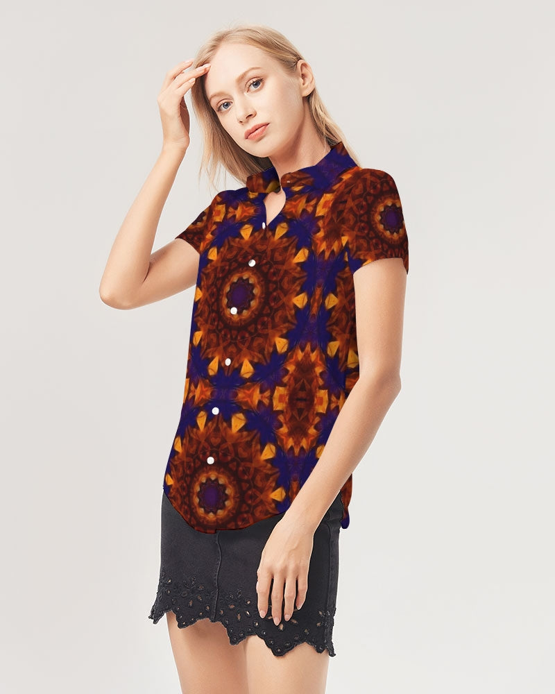 Blue Orange Red Kaleidoscope Women's All-Over Print Short Sleeve Button Up