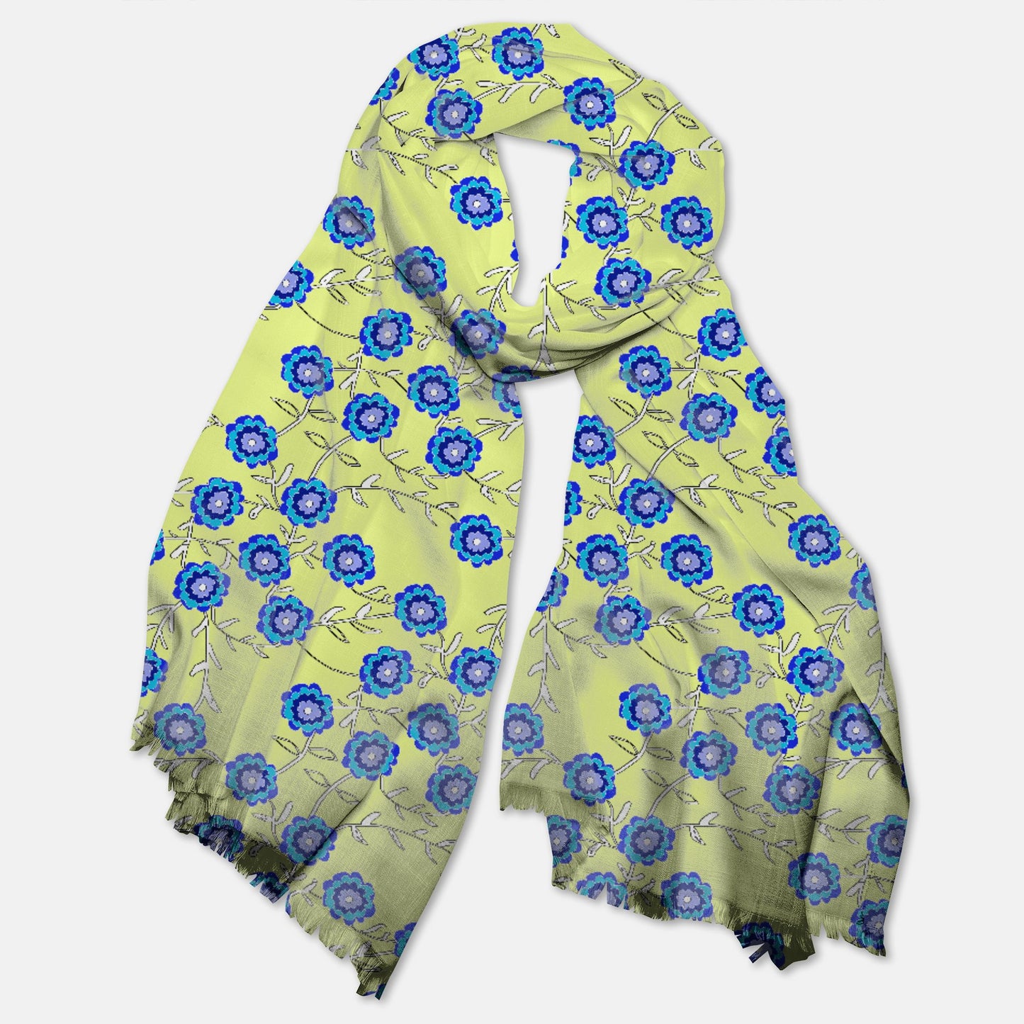 Blue Flowers On Yellow Pashmina Scarf