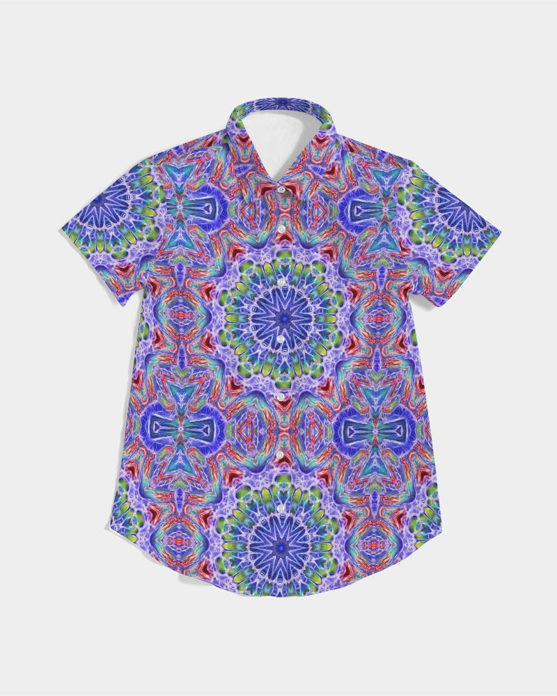 Blue Red Kaleidoscope Women's All-Over Print Short Sleeve Button Up